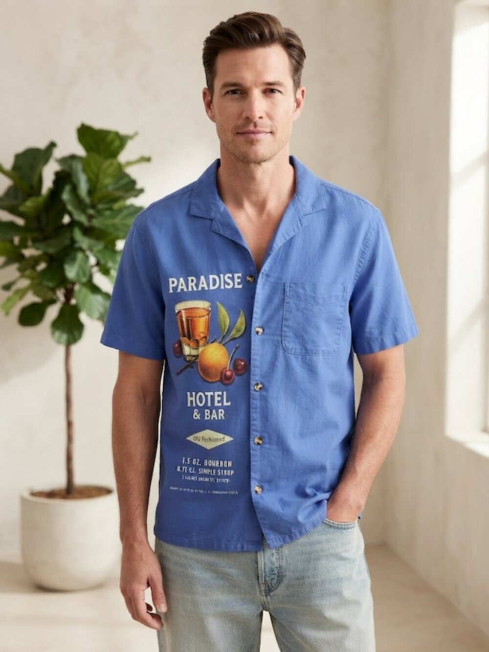 Old Navy Paradise Hotel & Bar Graphic Camp Shirt Old Fashioned Blue Medium